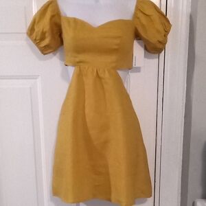 Reformation Mustard Puff Sleeve Mini 100% Linen Dress
